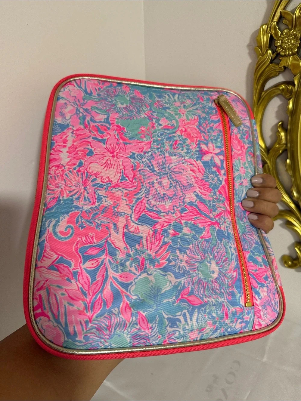 Lilly Pulitzer Pink & Blue Floral Cosmetic Case with Gold Plaque